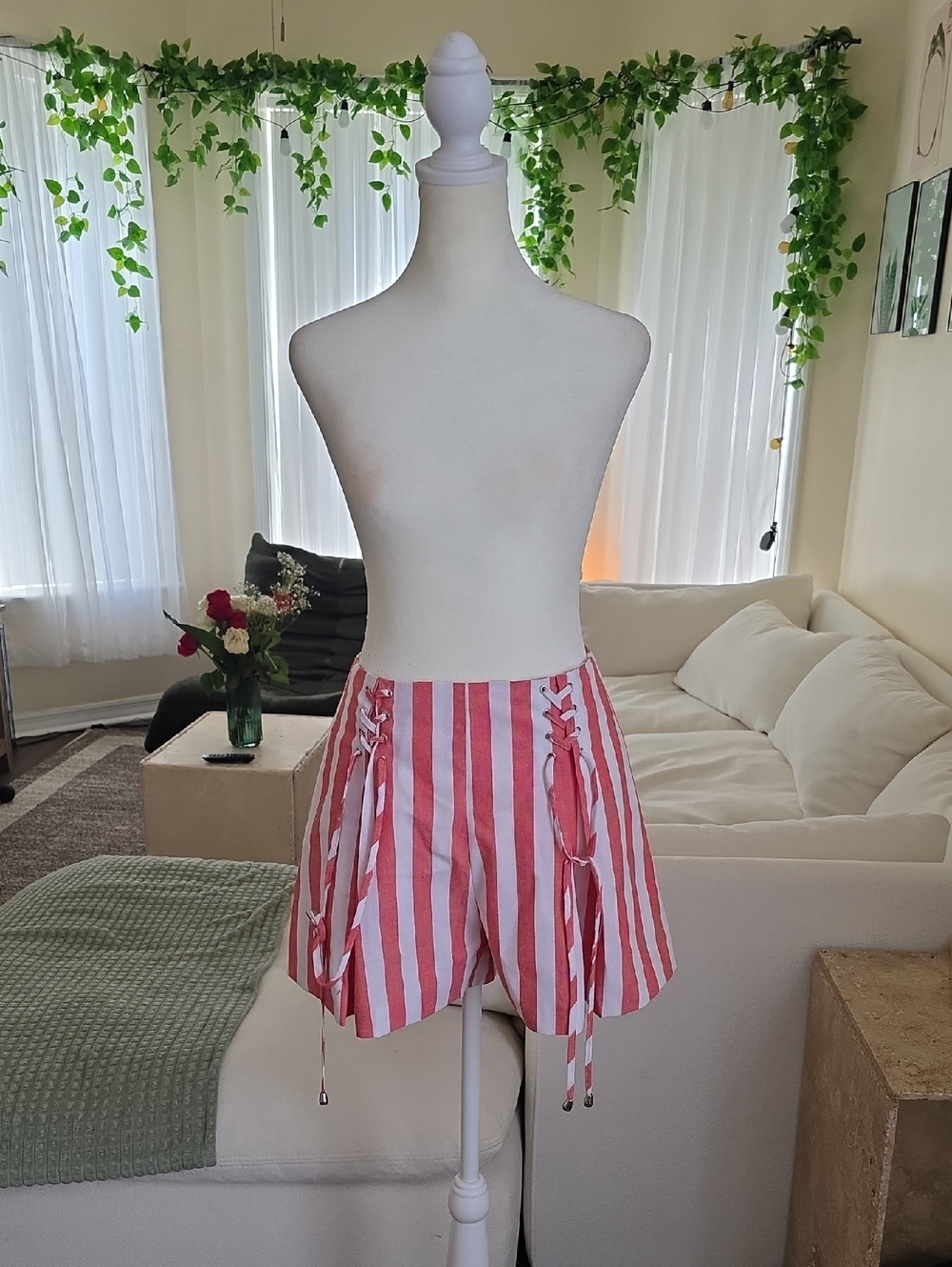 AKIRA Pink and White Striped Lace-Up Pleaded Linen Shorts
